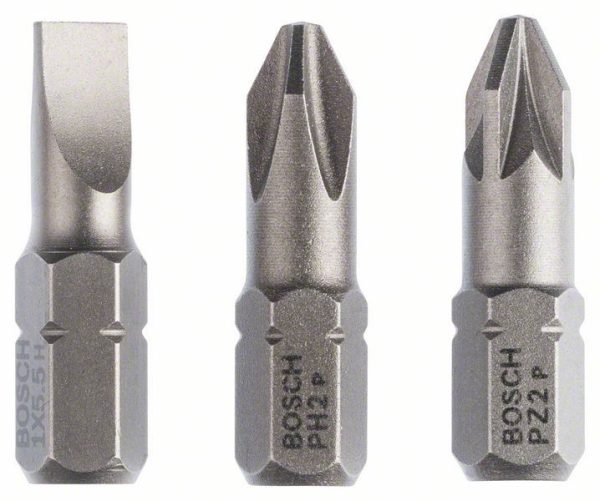 Set bitova odvrtača ekstra tvrdi (mešani), 3-delni, S 1,0x5,5; PH2; PZ2; 25 mm, Bosch 2607001766